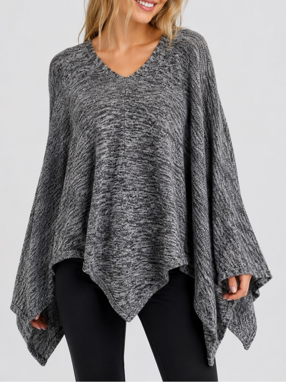 NWT Gray Black Marled Knit Poncho Oversized Draped Sweater